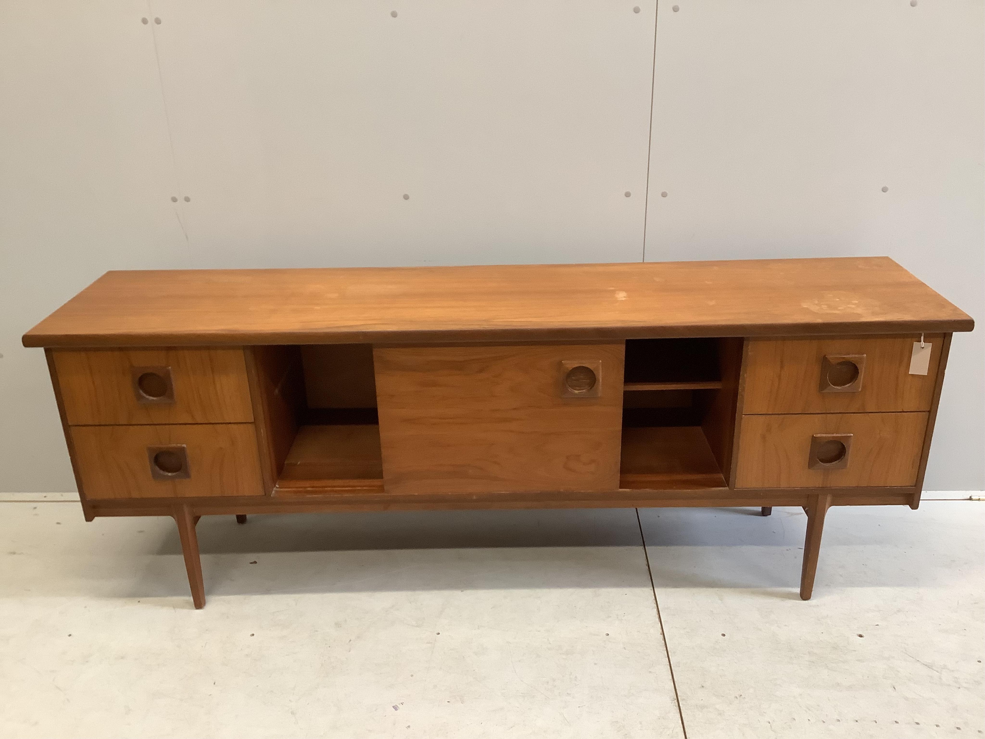 A mid century Bath Cabinet Makers teak sideboard, width 198cm, depth 45cm, height 73cm. Condition - fair